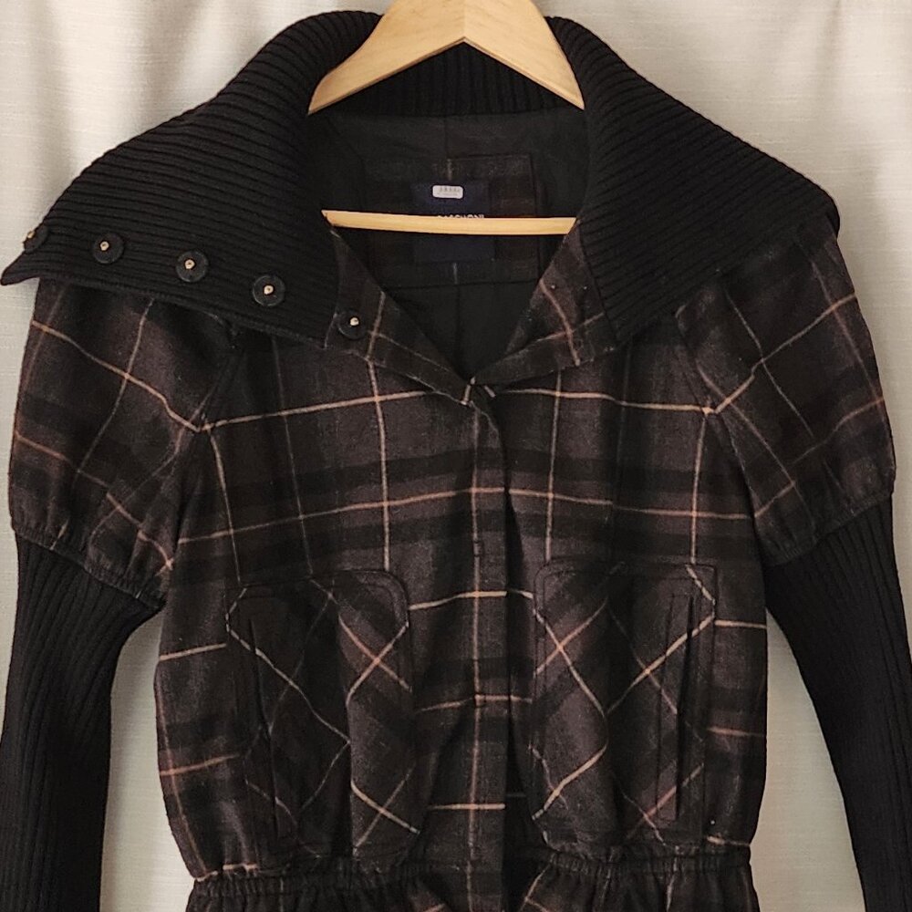 Magaschoni Plaid Wool Jacket Sweater Size XS Brown Black Y2K Preppy Academia
